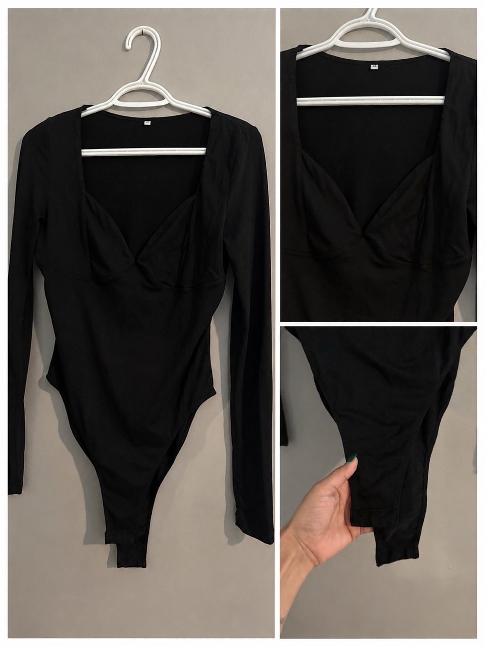 Women's Black Long-Sleeve V-Neck Bandeau Bodysuit